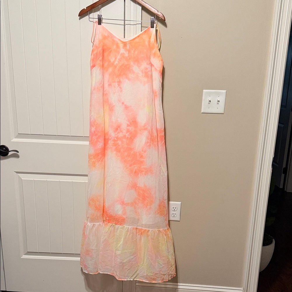 Tie-Dye Peach Slip Maxi Dress with Ruffle Hem